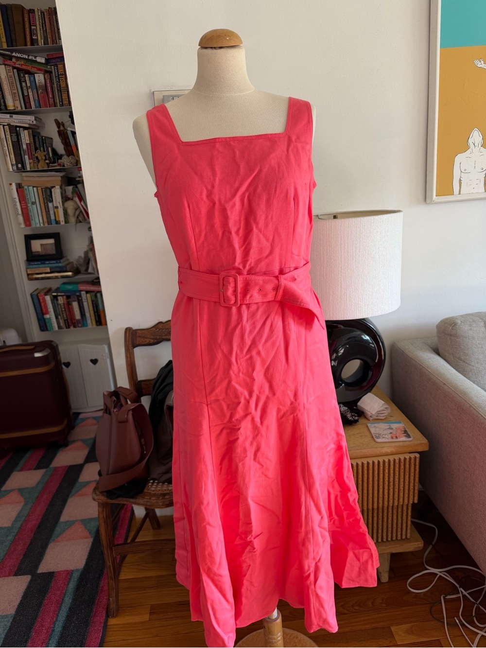 NWT Ann Taylor Classic Coral-Pink Square Neck Midi Summer Dress with Belt Medium